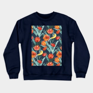 Blue Headed Wagtail in the Tulips - Indigo and Orange Crewneck Sweatshirt